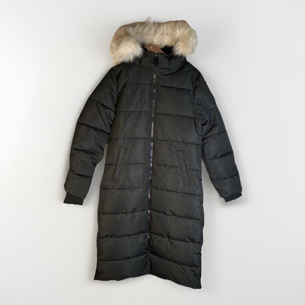 Noize Womens M NWT Black Winter Puffer Long Parka Faux Fur Hood Vegan Coat